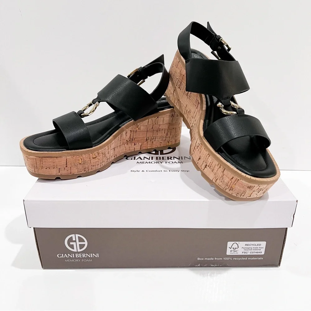 Giani Bernini Harperr Cork Platform Wedge Sandals Ankle Strap Black 6.5 NEW